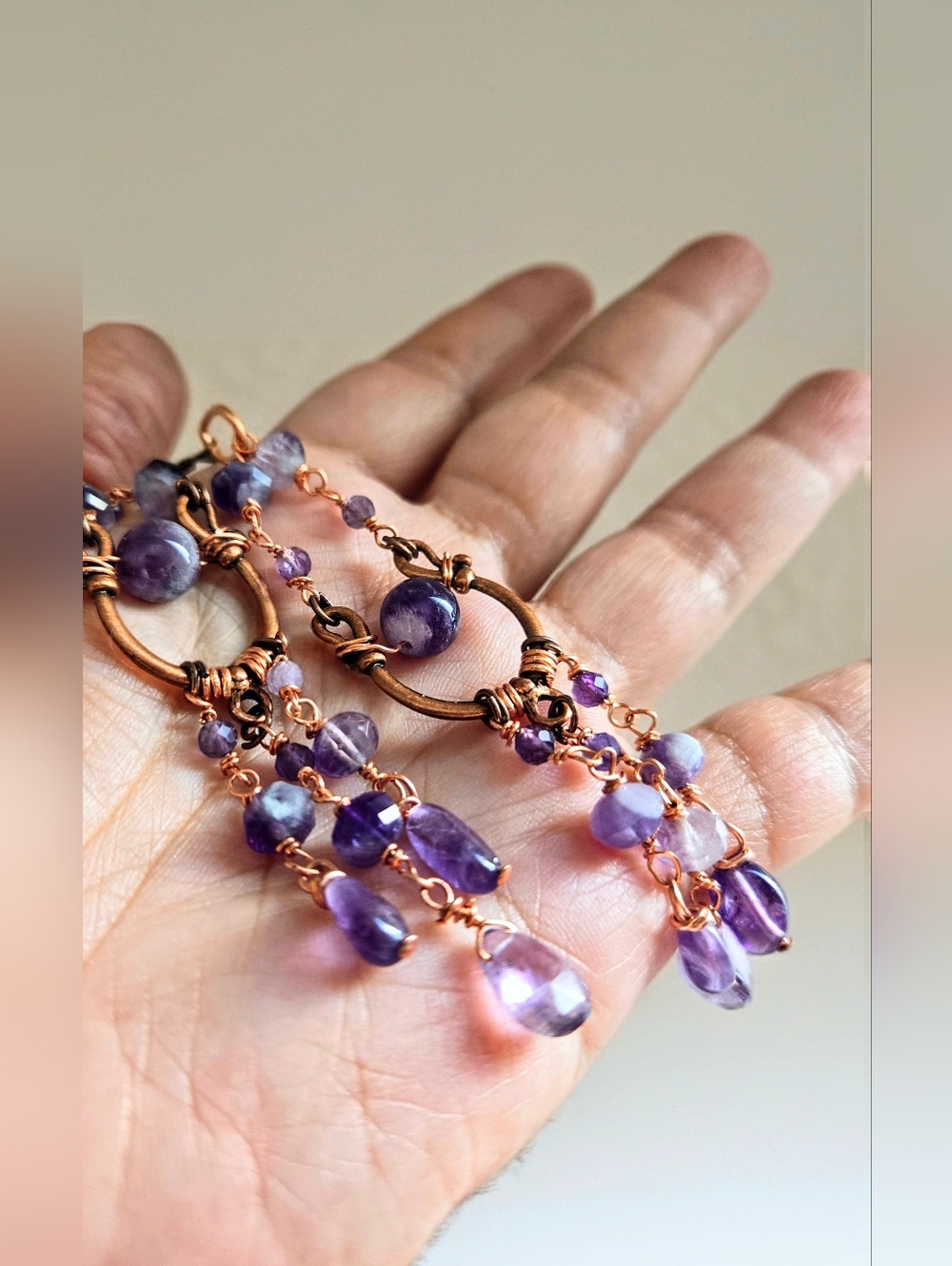 Natural Amethysts In Handcrafted Artisan Chandelier In Antique Copper Earrings - Picture 8 of 10